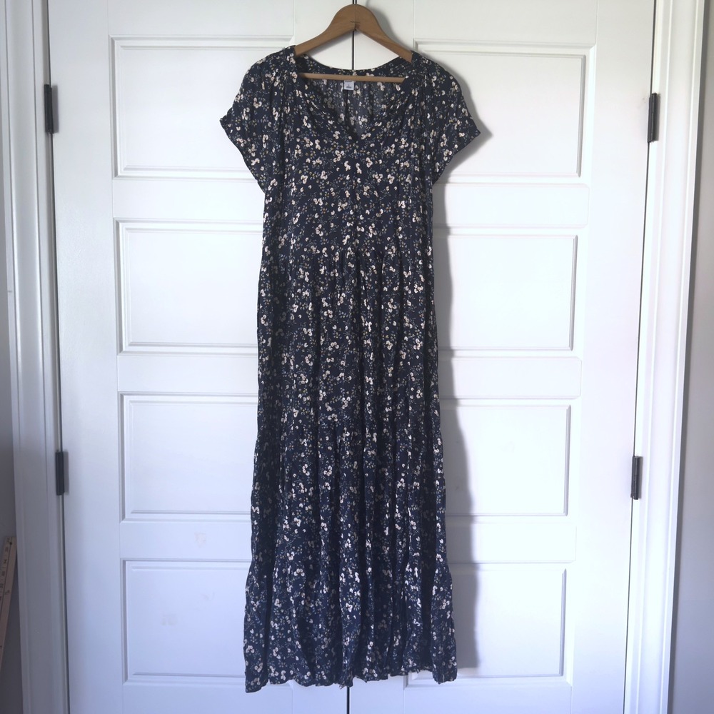 Old Navy Floral Tiered Midi Dress Women Large Navy Blue Cottagecore Boho Prairie